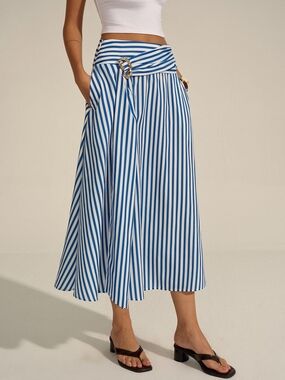 Commense Blue and White Striped Midi Wrap Skirt